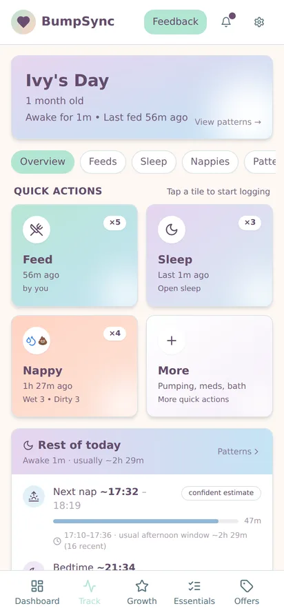 Baby tracking dashboard with feeds